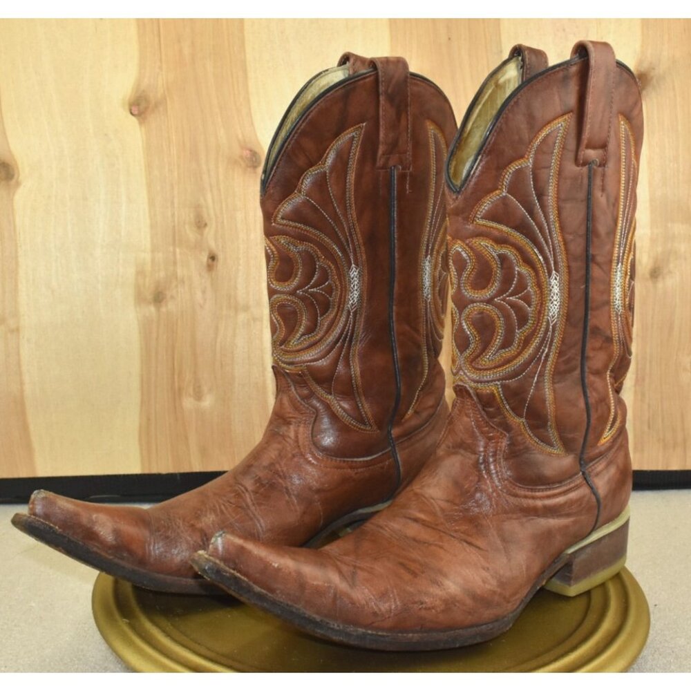 🌹El Besserro Men's Cowboy Boots Size US 8 Mex 27 Brown Pointed Toe -Flaws-